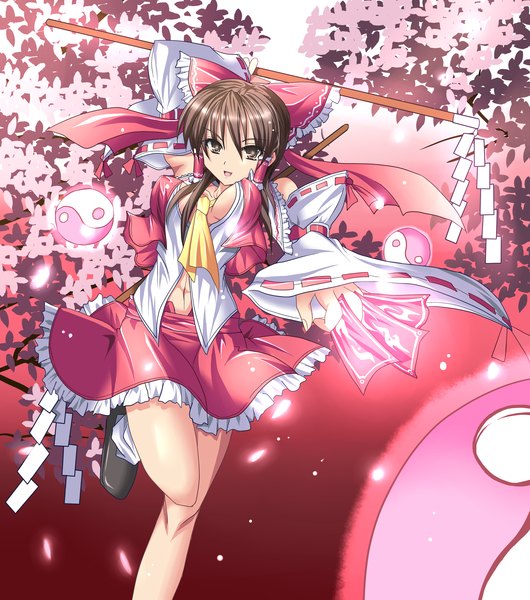 Anime picture 2511x2845 with touhou hakurei reimu luna (gunfire) long hair tall image highres brown hair brown eyes miko girl skirt bow plant (plants) hair bow detached sleeves petals tree (trees) skirt set gohei