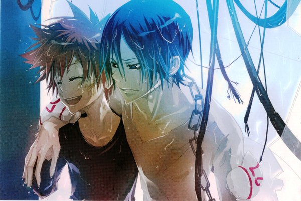 Anime picture 1394x932 with katekyou hitman reborn sawada tsunayoshi rokudo mukuro brown hair blue hair scan wet boy chain