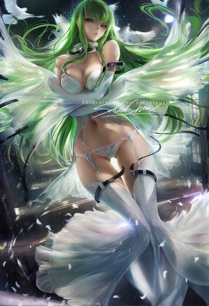 Anime picture 753x1100 with code geass sunrise (studio) c.c. sakimichan single long hair tall image looking at viewer fringe breasts light erotic hair between eyes large breasts standing bare shoulders signed yellow eyes payot cleavage full body