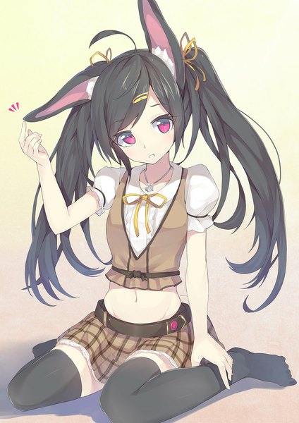 Anime picture 706x1000 with original kuroito (snowflyer) single long hair tall image black hair sitting twintails animal ears ahoge pink eyes no shoes wariza plaid skirt girl thighhighs skirt hair ornament ribbon (ribbons) black thighhighs