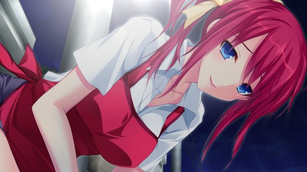 Anime picture 1280x720 with hatsukoi 1/1 tsukishima kyou koizumi amane long hair blue eyes wide image game cg red hair girl ribbon (ribbons) hair ribbon apron