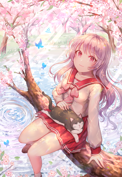 Anime picture 700x1014 with to heart himekawa kotone ozzingo long hair tall image looking at viewer fringe smile sitting pink hair bent knee (knees) outdoors pleated skirt pink eyes from above sunlight arm support cherry blossoms spring ripples