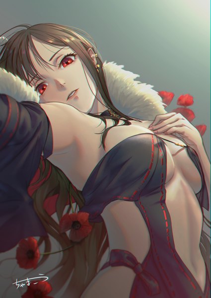 Anime picture 2508x3541 with fate (series) fate/grand order yu mei-ren (fate) chama kou single long hair tall image looking at viewer fringe highres breasts light erotic simple background red eyes brown hair signed upper body parted lips head tilt grey background