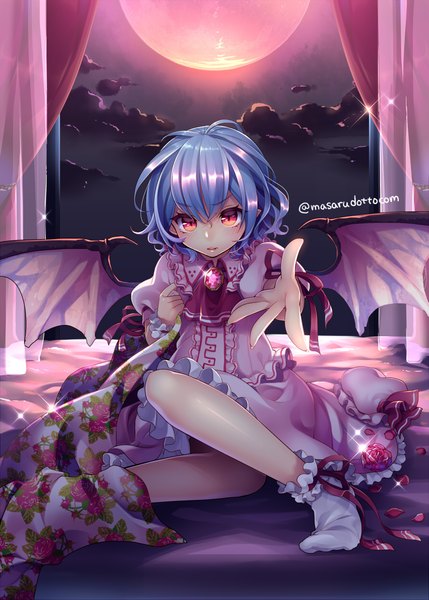 Anime picture 888x1242 with touhou remilia scarlet masaru.jp single tall image looking at viewer short hair red eyes blue hair sky cloud (clouds) red moon girl dress flower (flowers) petals wings moon