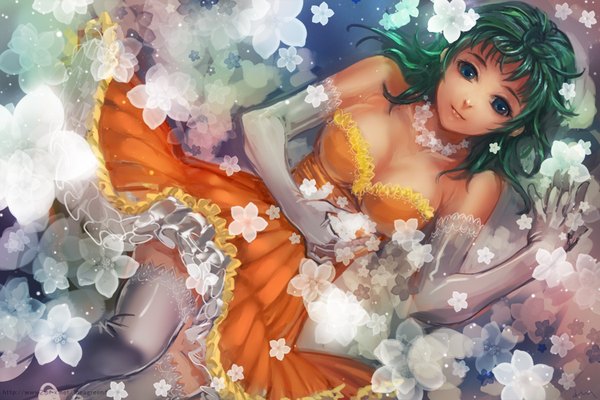 Anime picture 900x600 with vocaloid gumi yamakawa umi single long hair breasts blue eyes large breasts bare shoulders cleavage lying green hair from above zettai ryouiki girl thighhighs dress gloves flower (flowers) white thighhighs