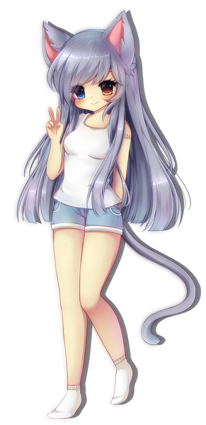 Anime picture 1429x2943 with midna01 single long hair tall image blush fringe blue eyes brown eyes animal ears silver hair full body tail animal tail cat ears cat girl cat tail tattoo legs heterochromia victory