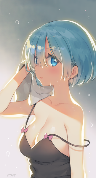 Anime picture 600x1110 with re:zero kara hajimeru isekai seikatsu white fox rem (re:zero) ayami (annahibi) single tall image looking at viewer blush short hair breasts blue eyes light erotic simple background smile large breasts bare shoulders holding signed blue hair cleavage