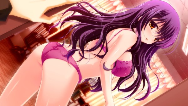 Anime picture 1280x720 with master re:master (game) long hair light erotic wide image game cg purple hair orange eyes underwear only solo focus girl underwear panties hand
