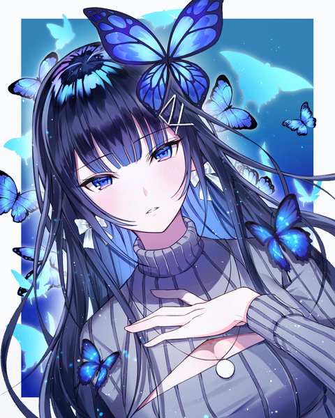 Anime picture 1200x1500 with virtual youtuber indie virtual youtuber aoi nabi ggatip single long hair tall image looking at viewer blush fringe blue eyes black hair simple background payot cleavage upper body blunt bangs long sleeves parted lips dutch angle