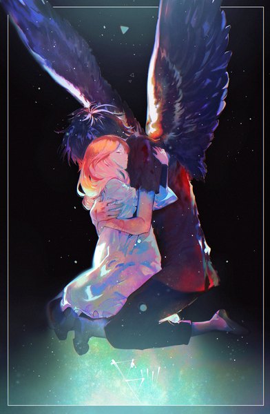 Anime picture 775x1185 with b: the beginning production i.g yuna (b: the beginning) kokuu (b: the beginning) yaku (ziroken) long hair tall image short hair black hair full body orange hair hug tears kneeling border black background black wings girl dress boy