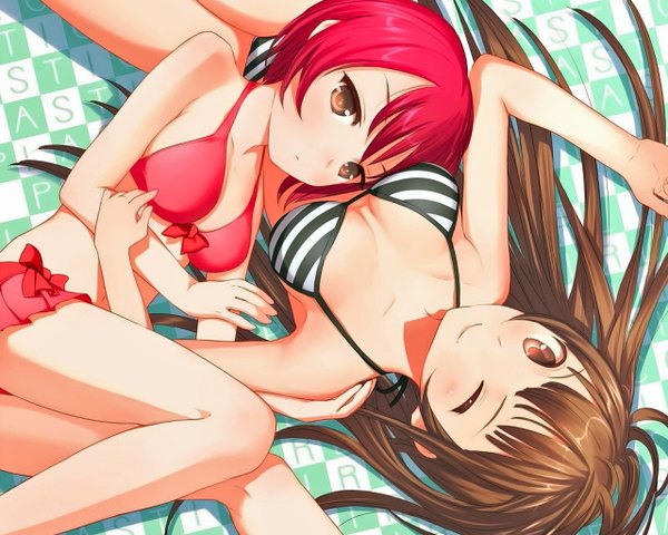 Anime picture 1280x1024 with original uni (plastic girl) long hair looking at viewer short hair breasts light erotic smile brown hair large breasts multiple girls brown eyes red hair lying one eye closed from above wink shadow girl 2 girls