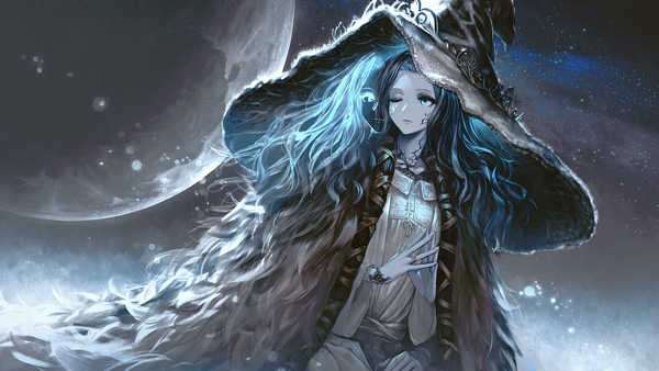 Anime-Bild 3200x1800 mit elden ring ranni the witch garuku single long hair highres blue eyes wide image standing blue hair looking away one eye closed witch fingers together extra arms girl hat moon ring witch hat