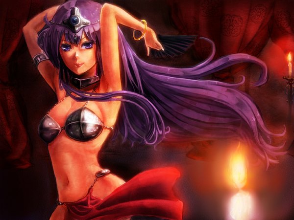 Anime picture 1024x768 with dragon quest iv manya (dq4) single long hair smile purple eyes purple hair arms up midriff wallpaper girl navel hair ornament bracelet jewelry fan fire candle (candles)