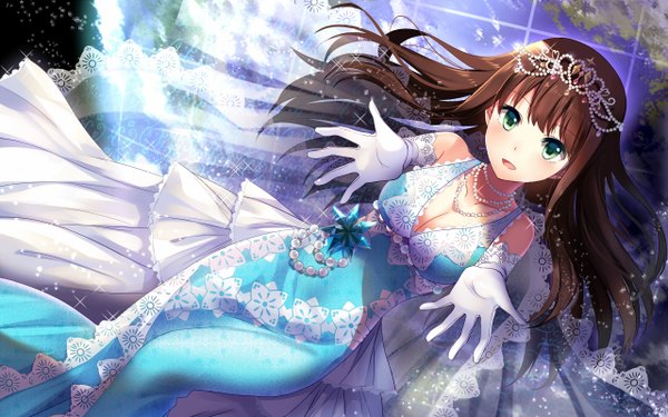 Anime picture 1280x800 with idolmaster idolmaster cinderella girls shibuya rin bison cangshu single long hair looking at viewer blush fringe breasts open mouth brown hair large breasts bare shoulders green eyes sparkle sleeveless outstretched arm girl dress