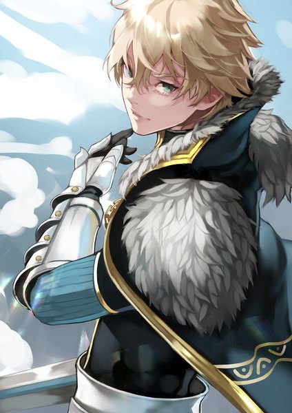 Anime picture 1060x1500 with fate (series) fate/grand order gawain (fate) yoshio (55level) single tall image looking at viewer fringe short hair blue eyes blonde hair hair between eyes upper body fur trim boy armor fur