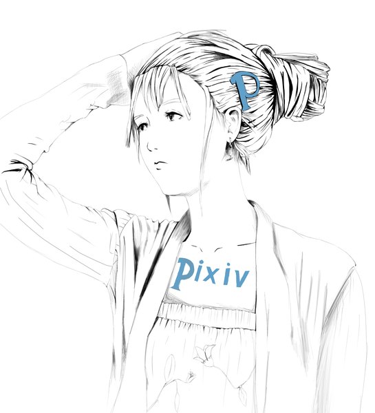 Anime picture 3600x3960 with original pixiv-tan ale (rchangel) single tall image fringe highres simple background white background looking away absurdres hair bun (hair buns) hand on hip monochrome girl hair ornament hairclip