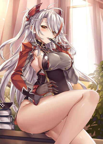 Anime picture 894x1253 with azur lane prinz eugen (azur lane) ks single long hair tall image looking at viewer blush fringe breasts light erotic large breasts holding brown eyes silver hair ahoge bent knee (knees) indoors multicolored hair hair over one eye