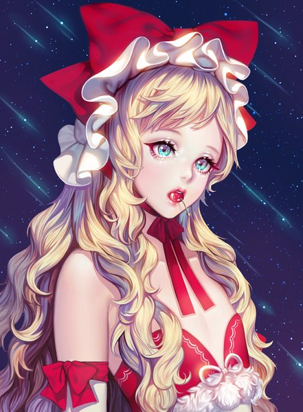 Anime picture 600x815 with original 'o'ne (ekdlem1) single long hair tall image fringe breasts blue eyes blonde hair holding looking away parted lips head tilt lips mouth hold flat chest eyebrows girl bow hat