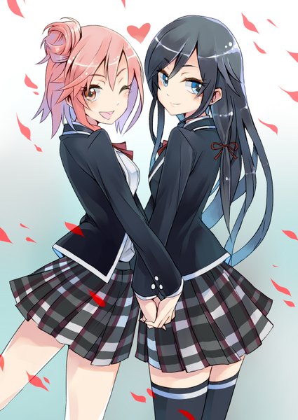 Anime picture 2149x3035 with yahari ore no seishun love comedy wa machigatteiru. brains base (studio) yukinoshita yukino yuigahama yui hummer (sasanqua-sh) long hair tall image looking at viewer highres short hair breasts open mouth blue eyes black hair multiple girls brown eyes pink hair pleated skirt one eye closed looking back