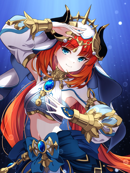 Anime-Bild 1500x2000 mit genshin impact nilou (genshin impact) hachigatsujuugonichi single long hair tall image looking at viewer fringe breasts blue eyes smile twintails red hair blunt bangs long sleeves nail polish head tilt arm up horn (horns) low twintails