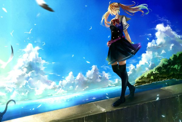 Anime picture 1280x858 with air key (studio) kamio misuzu nako (nonrain) single fringe blonde hair twintails sky cloud (clouds) eyes closed walking soft beauty girl thighhighs uniform bow black thighhighs plant (plants) school uniform