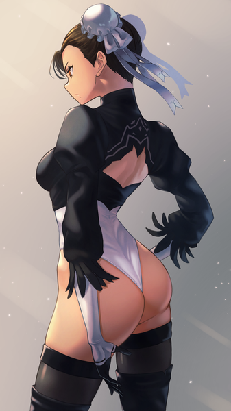 Anime picture 2160x3840 with nier nier:automata street fighter capcom yorha no. 2 type b chun-li hara kenshi single tall image highres short hair light erotic simple background brown hair standing brown eyes looking away ass profile grey background