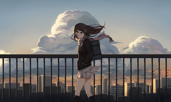Anime picture 2953x1762 with idolmaster idolmaster cinderella girls shibuya rin gkn levi single long hair fringe highres brown hair wide image green eyes sky cloud (clouds) outdoors pleated skirt one eye closed wind city walking hands in pockets