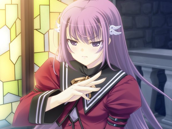 Anime picture 1600x1200 with tenshi no hane wo fumanaide long hair purple eyes game cg purple hair tears girl serafuku