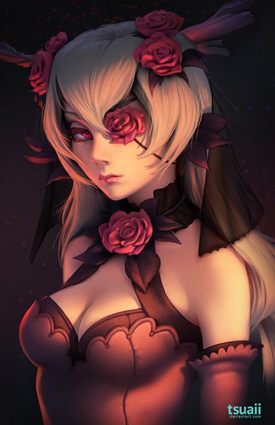 Anime picture 660x1020 with original tsuaii single long hair tall image fringe breasts blonde hair red eyes bare shoulders looking away upper body hair flower lips realistic lipstick brown background girl hair ornament flower (flowers)