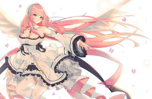 Anime picture 5776x3767 with azur lane perseus (azur lane) yoshitoki (kisshin) single highres breasts light erotic large breasts white background bare shoulders looking away pink hair absurdres long sleeves very long hair pink eyes wide sleeves floating hair outstretched arm sleeves past wrists