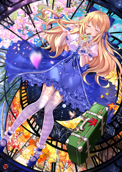Anime picture 1187x1680 with original swordsouls single long hair tall image blush fringe blonde hair smile holding payot sky full body lying braid (braids) eyes closed from above blurry night short sleeves