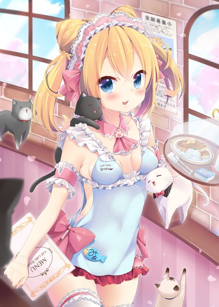 Anime picture 1190x1669 with original moe2016 kuune rin single long hair tall image looking at viewer blush open mouth blue eyes light erotic blonde hair twintails girl animal frills apron cat