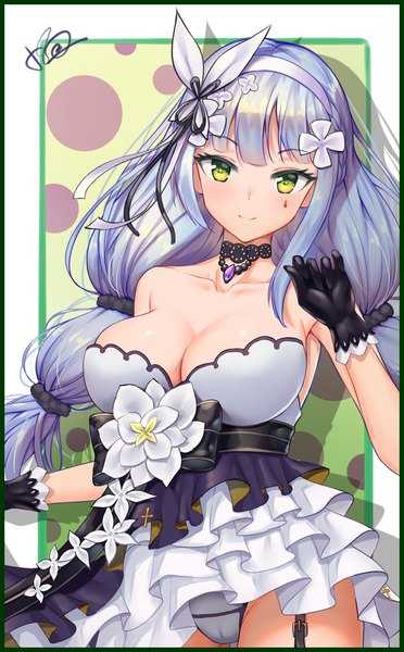 Anime picture 1242x2000 with girls frontline hk416 (girls frontline) hk416 (starry cocoon) (girls frontline) konishi (565112307) single long hair tall image looking at viewer blush fringe breasts light erotic simple background smile large breasts standing twintails green eyes signed payot