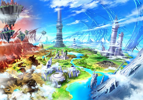 Anime picture 1280x896 with fairy fencer f tsunako game cg sky cloud (clouds) beach city mountain no people landscape scenic river ruins floating island canyon plant (plants) tree (trees) water sea building (buildings)