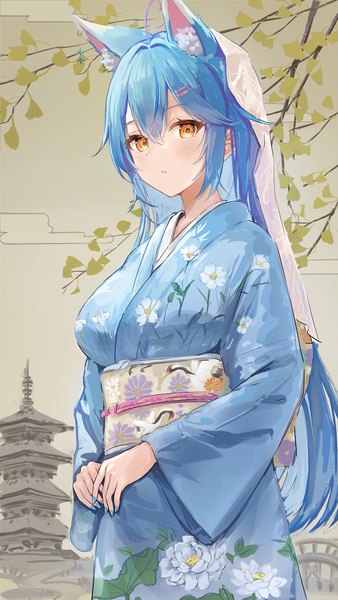 Anime picture 965x1715 with virtual youtuber hololive yukihana lamy das man single long hair tall image looking at viewer fringe hair between eyes animal ears blue hair traditional clothes japanese clothes orange eyes floral print girl kimono leaf (leaves) obi