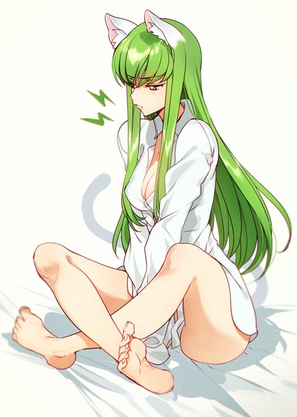 Anime picture 650x912 with code geass sunrise (studio) c.c. creayus single long hair tall image blush fringe breasts light erotic simple background hair between eyes sitting animal ears yellow eyes full body bent knee (knees) tail long sleeves