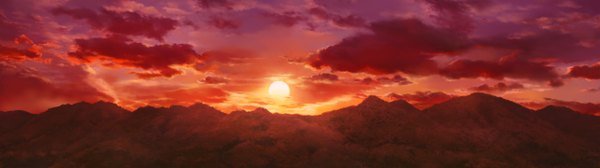 Anime picture 5120x1440 with monobeno cura highres wide image sky cloud (clouds) mountain no people landscape scenic twilight long image sun