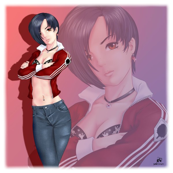 Anime picture 3000x3000 with canvas of life (manga) gabriela (canvas of life) thenightwishmaster single looking at viewer highres short hair light erotic black hair red eyes lips open clothes open jacket bare belly piercing girl navel earrings choker jacket