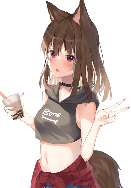 Anime picture 2532x3618 with original mizuki ryuu single long hair tall image looking at viewer blush fringe highres breasts open mouth simple background hair between eyes red eyes brown hair standing white background holding animal ears upper body