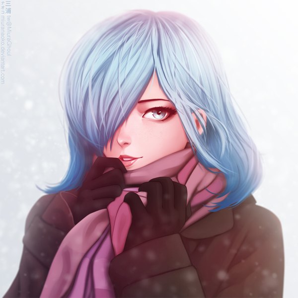 Anime picture 1280x1280 with tokyo ghoul studio pierrot kirishima touka miura-n315 single long hair looking at viewer fringe blue eyes blue hair parted lips lips hair over one eye realistic snowing girl gloves black gloves scarf winter clothes