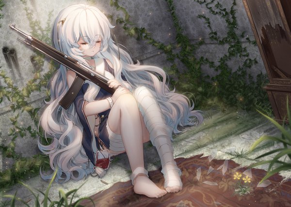 Anime-Bild 1500x1072 mit girls frontline ribeyrolles 1918 (girls frontline) haneru single long hair fringe light erotic sitting holding silver hair full body eyes closed barefoot wide sleeves sleeping convenient leg broken glass overgrown girl flower (flowers)