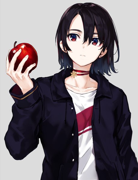 Anime picture 766x1000 with original arisaka ako single tall image fringe short hair black hair simple background hair between eyes red eyes standing holding looking away upper body long sleeves grey background open jacket multicolored eyes girl choker