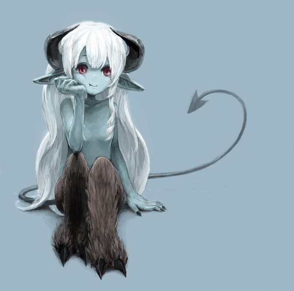 Anime picture 1231x1222 with toi (number8) single long hair looking at viewer fringe simple background smile red eyes sitting payot full body bent knee (knees) white hair tail horn (horns) fingernails nude pointy ears blue background demon girl