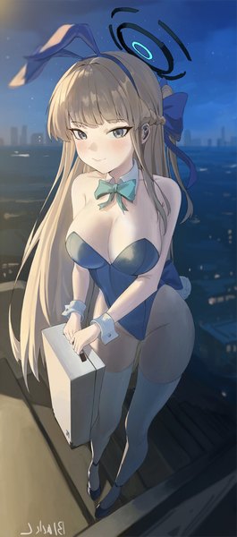 Anime picture 1788x4046 with blue archive toki (blue archive) toki (bunny) (blue archive) black c (net dust) single long hair tall image looking at viewer blush fringe highres breasts blue eyes light erotic blonde hair smile large breasts standing bare shoulders signed
