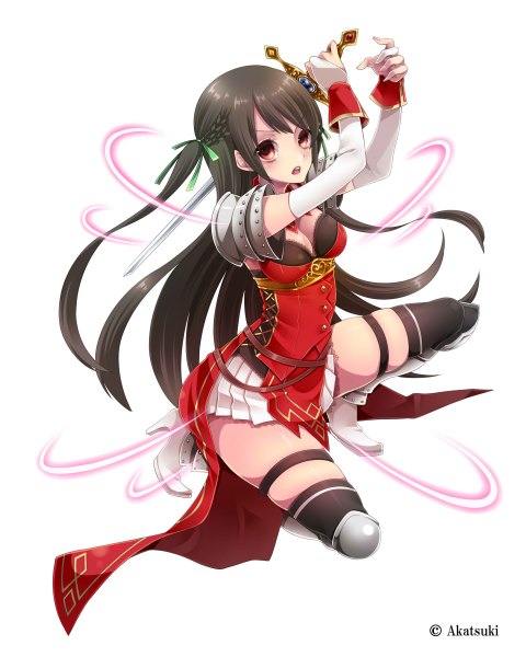 Anime picture 1920x2400 with original takamiya ren long hair tall image looking at viewer highres open mouth light erotic black hair simple background red eyes white background girl thighhighs skirt weapon black thighhighs miniskirt sword armor