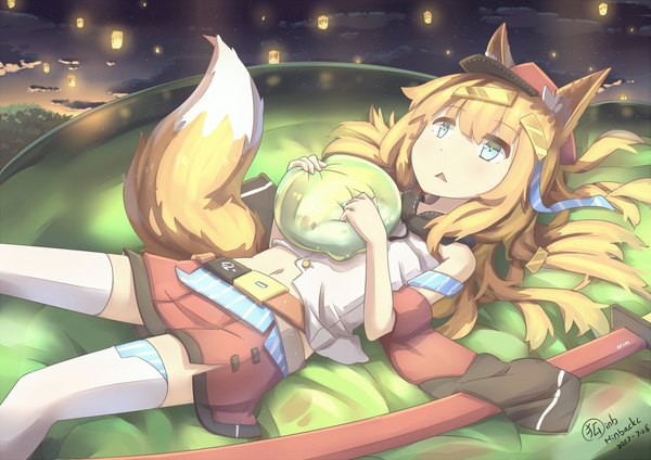 Anime picture 3508x2480 with original hinbackc single long hair fringe highres open mouth blue eyes blonde hair hair between eyes holding signed animal ears absurdres outdoors tail lying animal tail night on back