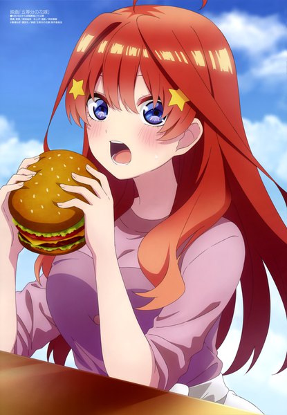 Anime picture 4098x5919 with go-toubun no hanayome megami magazine nakano itsuki maeda tsumugi single long hair tall image blush fringe highres open mouth blue eyes hair between eyes holding absurdres sky cloud (clouds) upper body red hair scan
