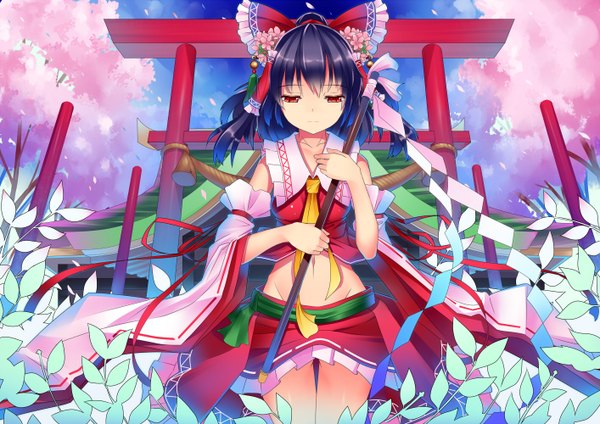 Anime picture 1414x1000 with touhou hakurei reimu mikan (bunanoha) single short hair black hair red eyes bare shoulders cherry blossoms miko girl skirt bow hair bow detached sleeves miniskirt petals skirt set red skirt