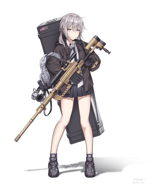 Anime picture 1500x1875 with girls frontline m200 (girls frontline) vvy single long hair tall image looking at viewer blush fringe simple background hair between eyes standing white background twintails holding payot silver hair full body pleated skirt open jacket