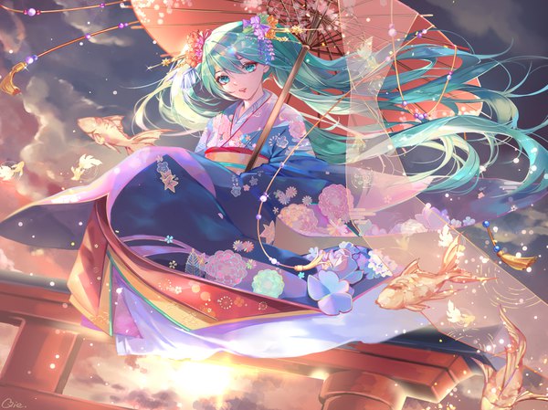 Anime picture 1667x1250 with vocaloid hatsune miku qie single long hair looking at viewer fringe hair between eyes sky cloud (clouds) traditional clothes japanese clothes aqua eyes aqua hair from below girl hair ornament animal kimono umbrella